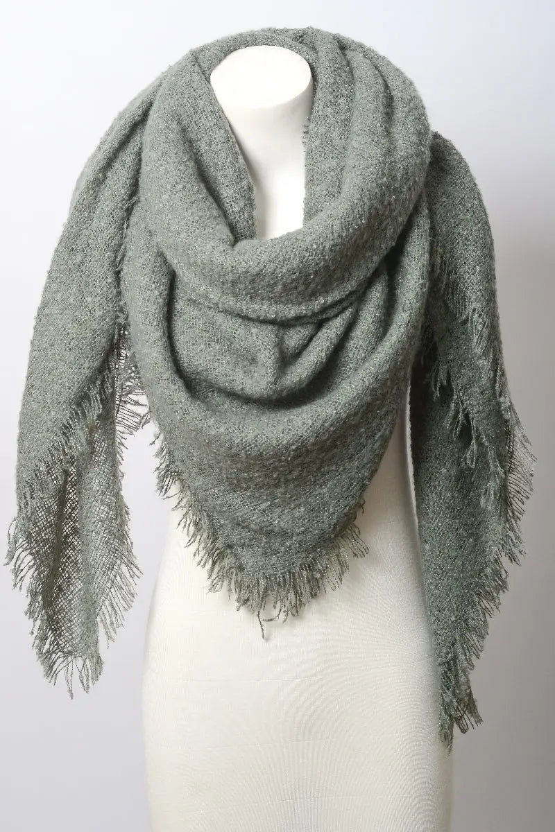 Light sage plush mohair square scarf with fringed border and draped cowl.