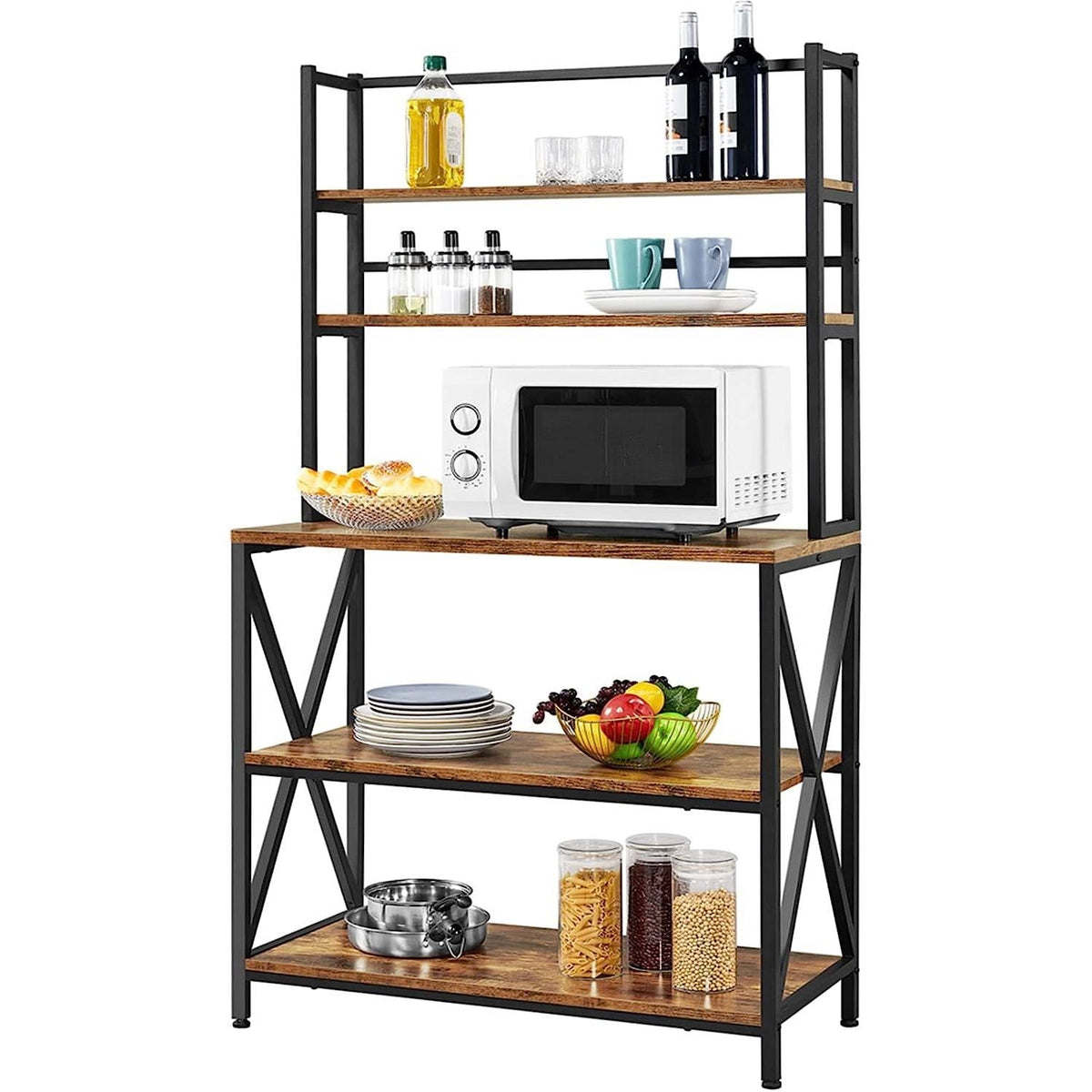 Industrial metal and wood bakers rack with three open shelves and wire frame