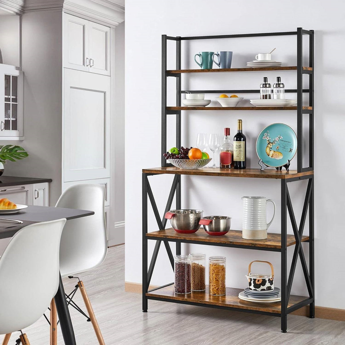 Kitchen storage rack with four open shelves, dark metal frame, and wood panels