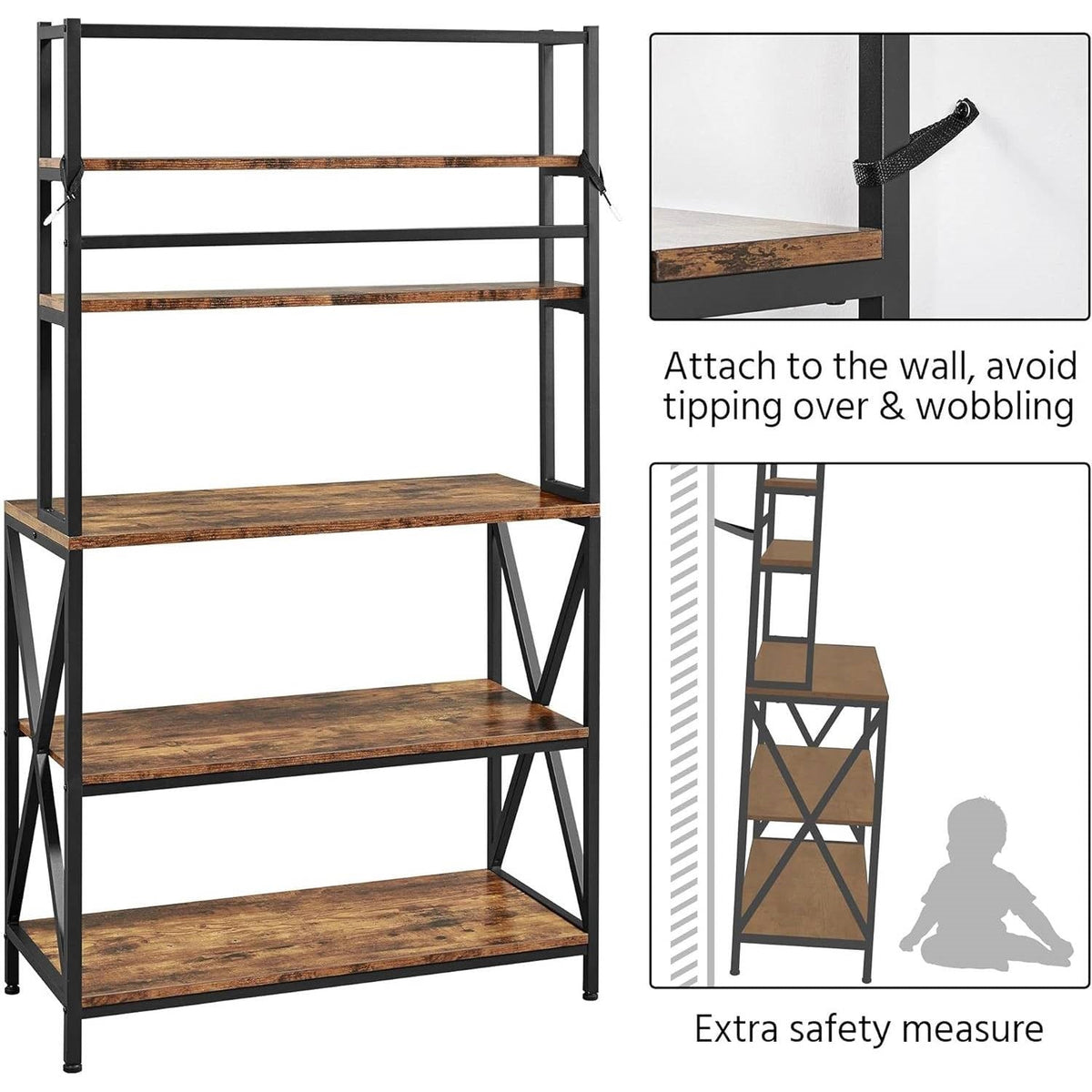 Freestanding bakers rack with black metal frame and rustic wood open shelves