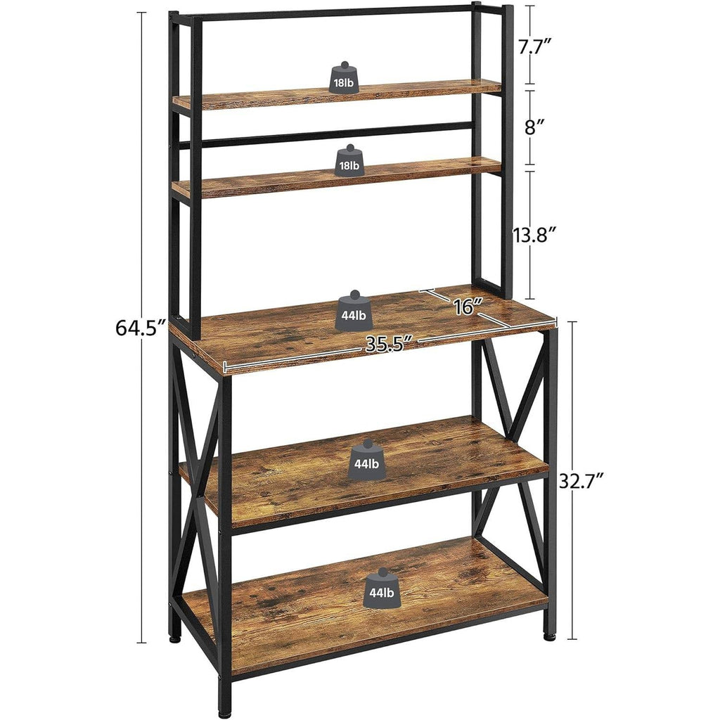 Freestanding bakers rack with four rustic wood shelves on black metal legs