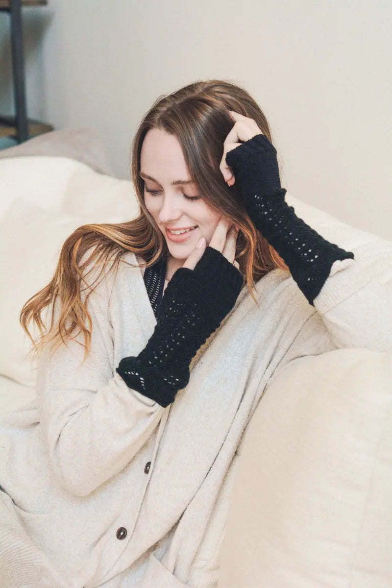Black knit texting-friendly arm warmers with open-knit fingertip openings