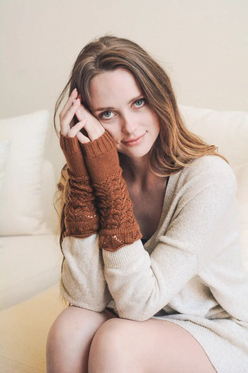 Camel brown knit texting-friendly arm warmers with textured cuff and openings