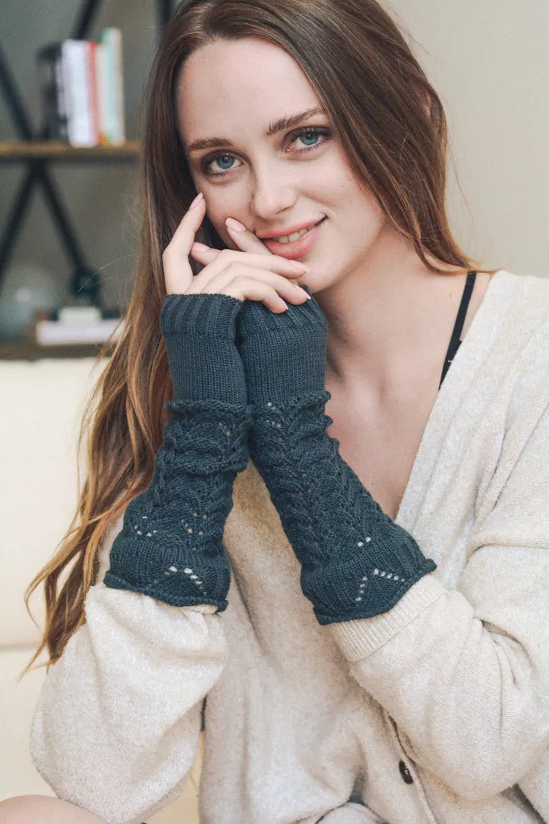 Blue-gray knit texting-friendly arm warmers with textured cuff and fingertip holes
