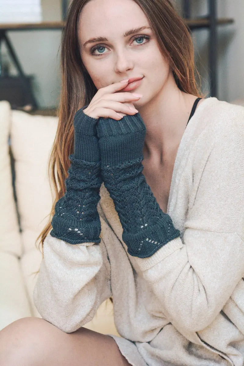 Blue-gray knit texting-friendly arm warmers with ribbed cuffs and fingertip holes