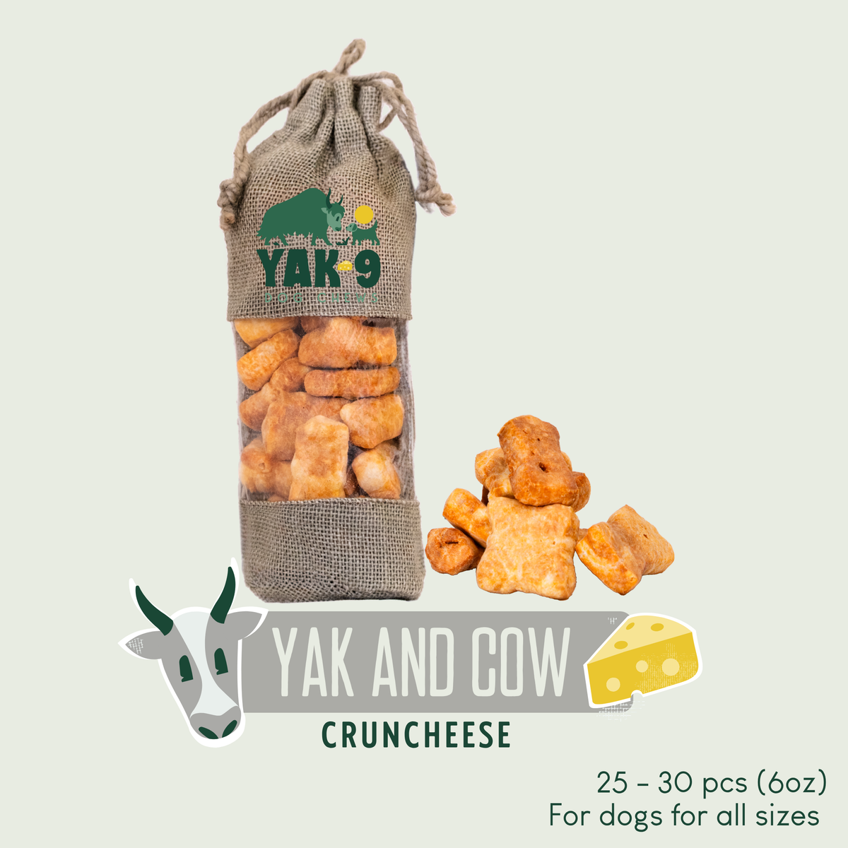 Burlap bag of yak and cow milk cheese chews with crunchy orange bites