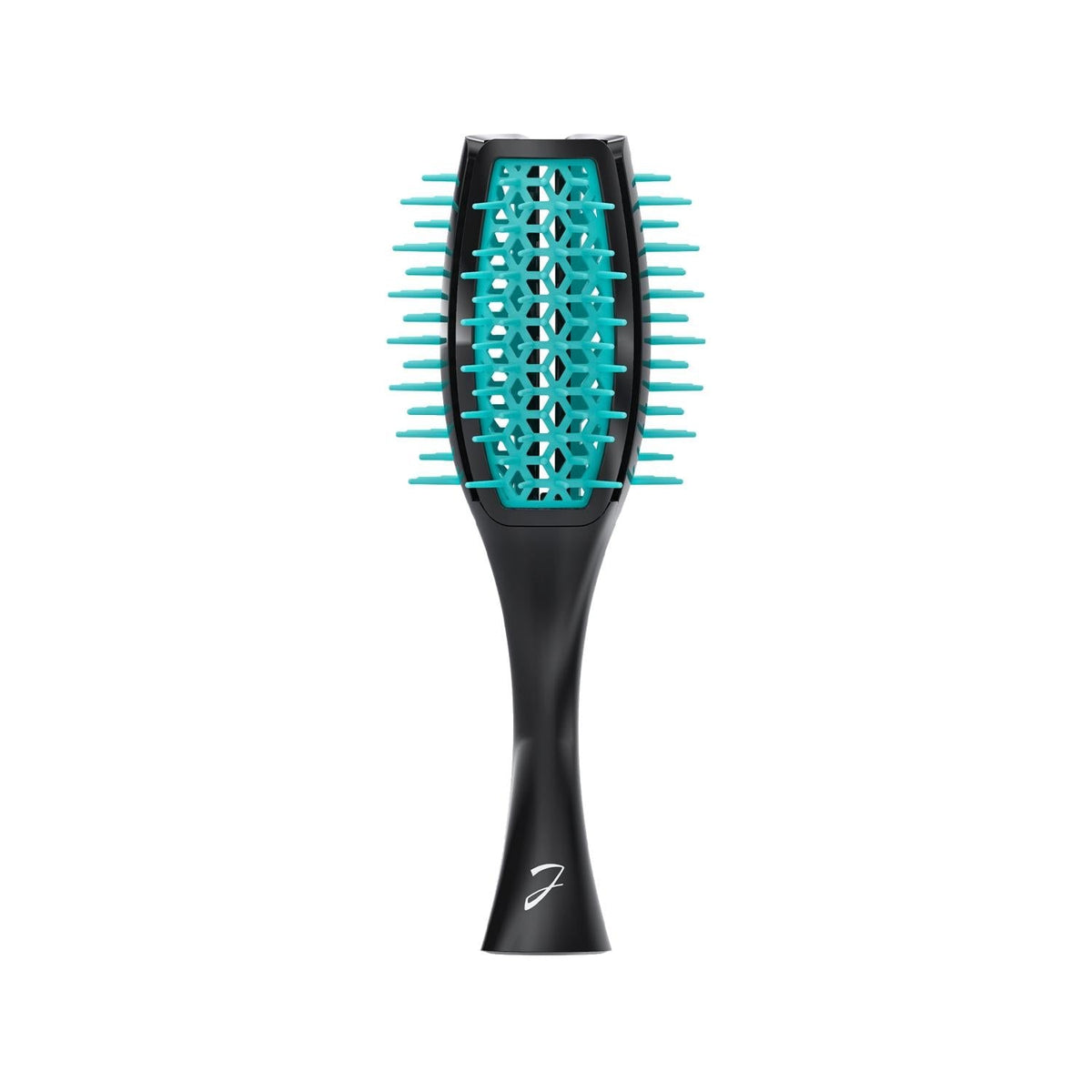 Black handle detangling hair brush with teal bristles and raised tulip pad