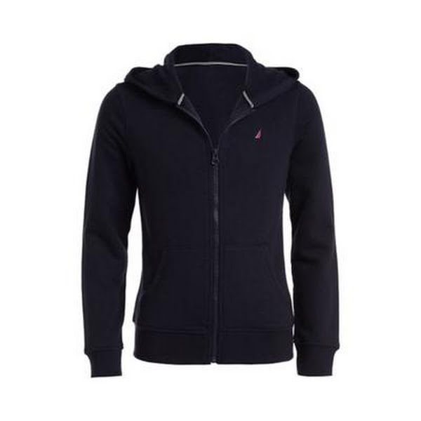 Navy zip-up fleece hoodie with hood and full front zipper, chest logo