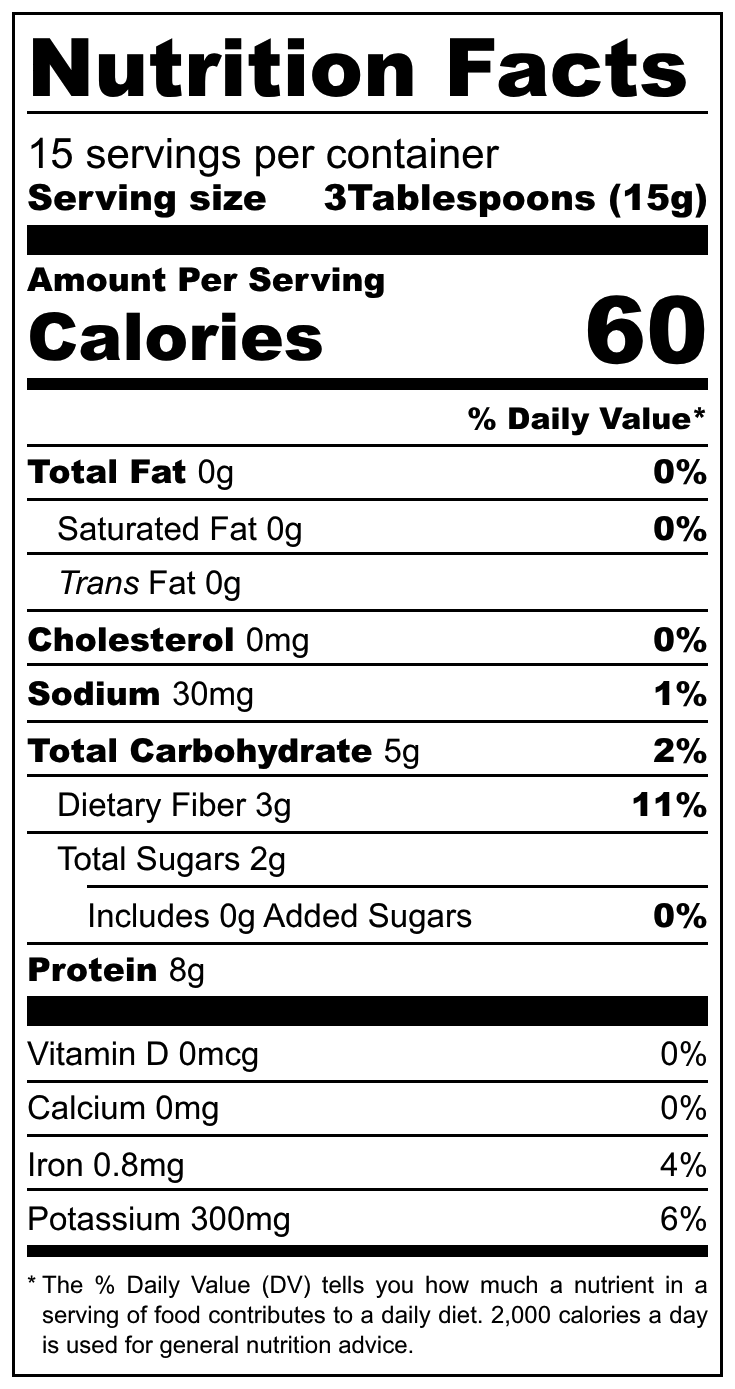Nutrition Facts panel for nutritional yeast flakes, serving size 3 Tbsp (15g).