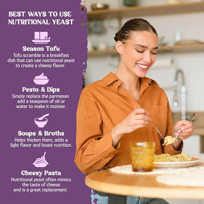 Promotional card for nutritional yeast with infographic and person serving food.