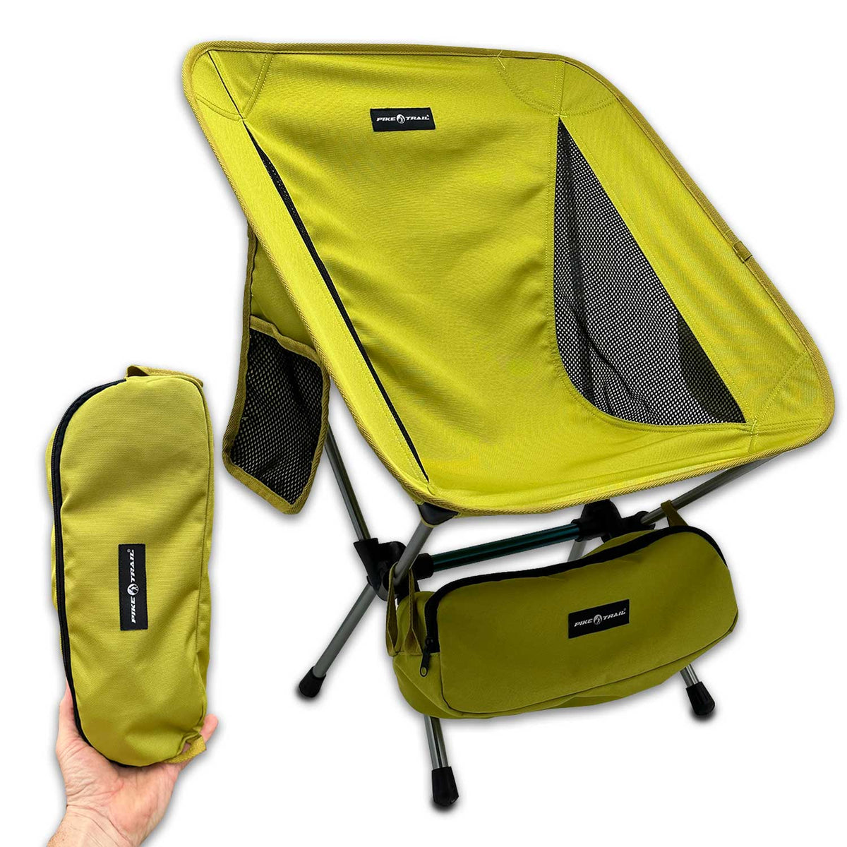 Ultralight compact camping tailgate chair, chartreuse mesh panel, with carry bag