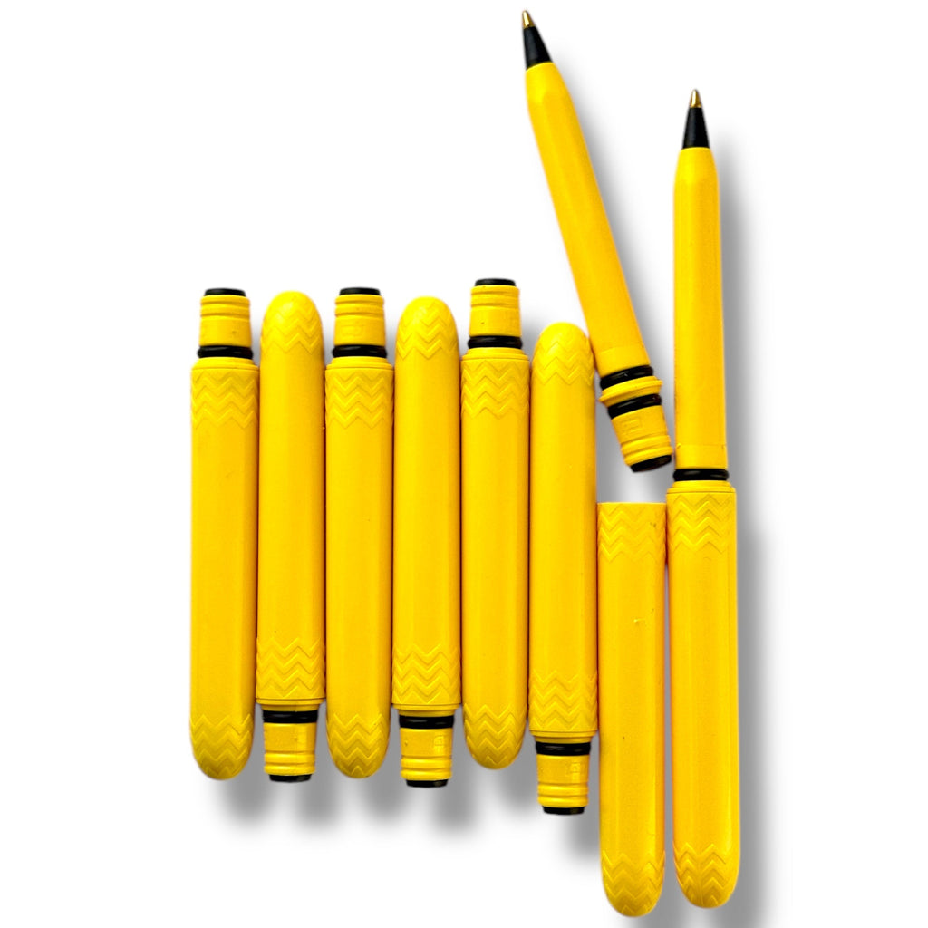 Pocket pen pack of multiple yellow pens with textured zigzag grips and black tips.