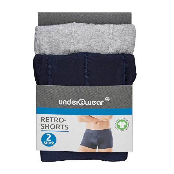 Calvin Klein men's cotton boxer briefs, 2-pack, elastic waistband, gray and navy.