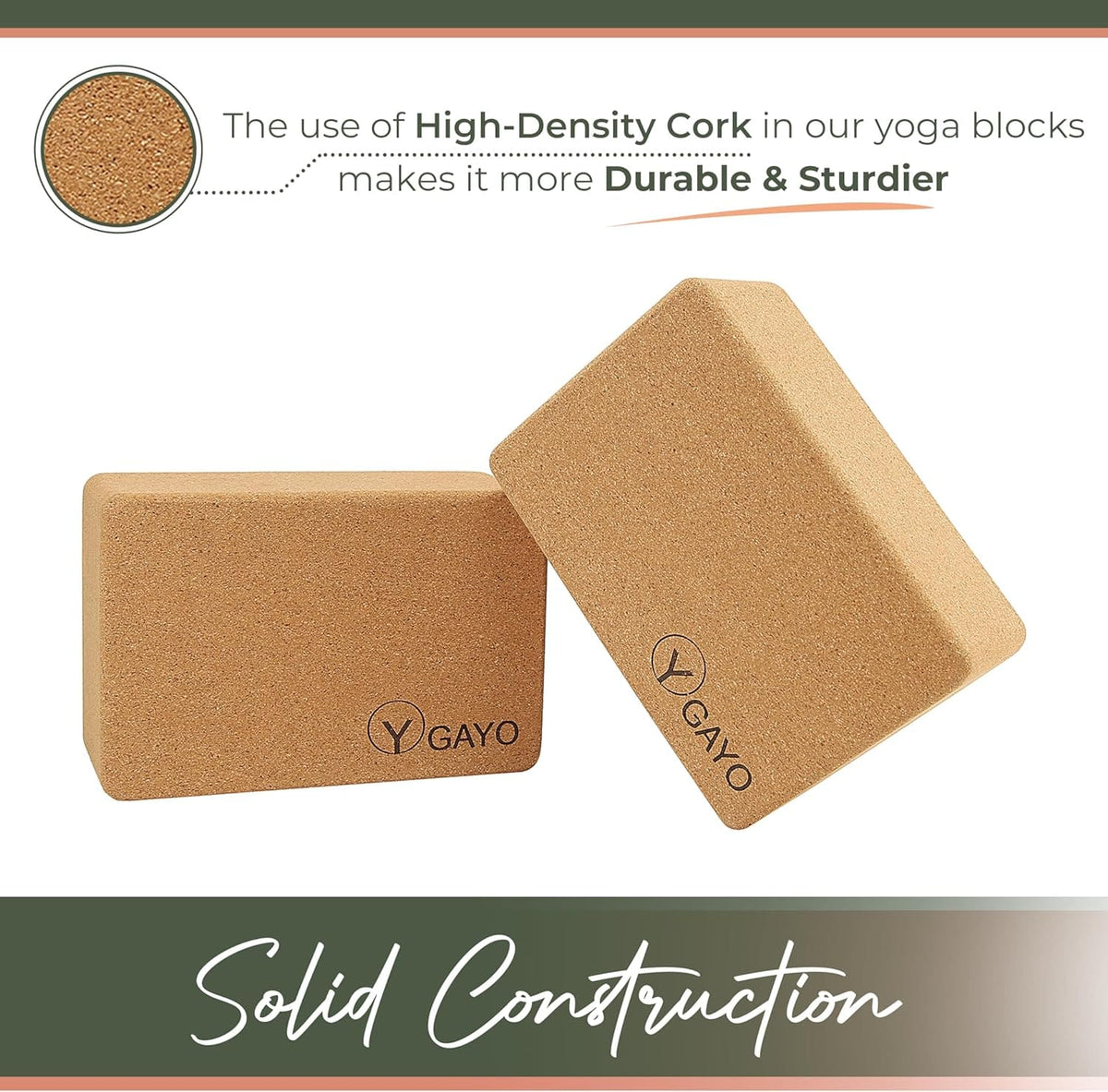 Two tan cork yoga blocks with Y-shaped logo on flat surfaces