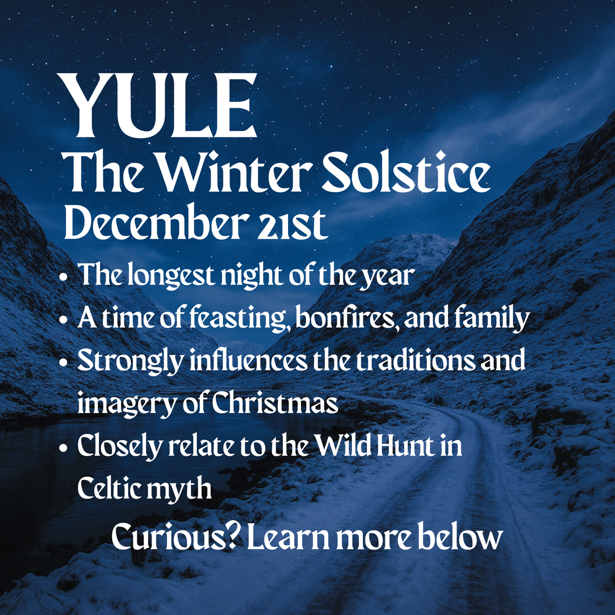 Winter Solstice holiday informational graphic reading December 21st and bullet points