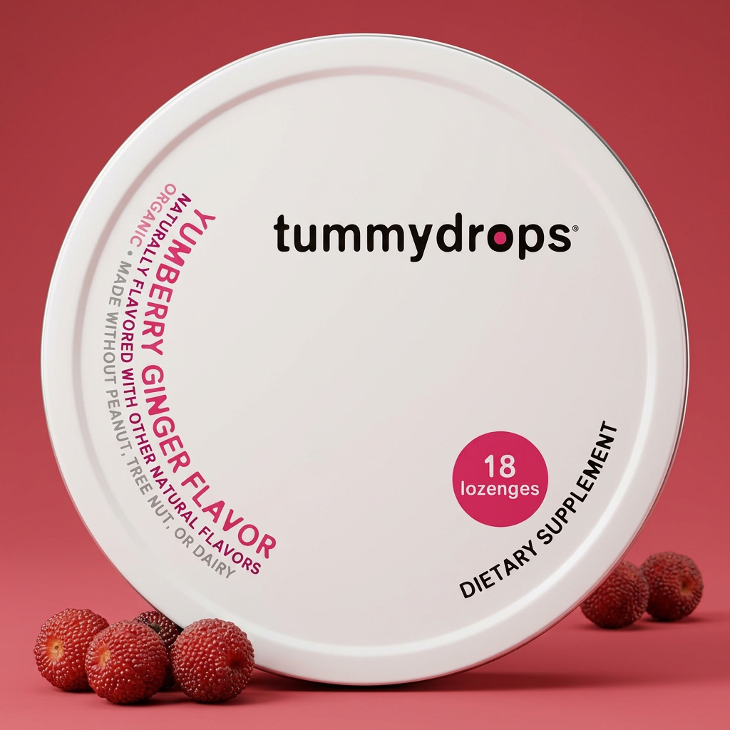 Tummydrops 18 lozenges dietary supplement tin with red berry accents
