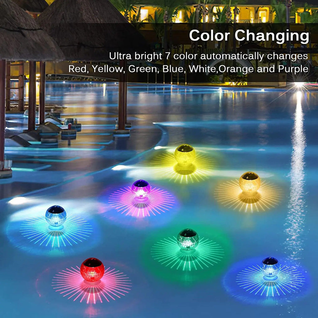 Color-changing RGB floating solar LED pond lights in pool water
