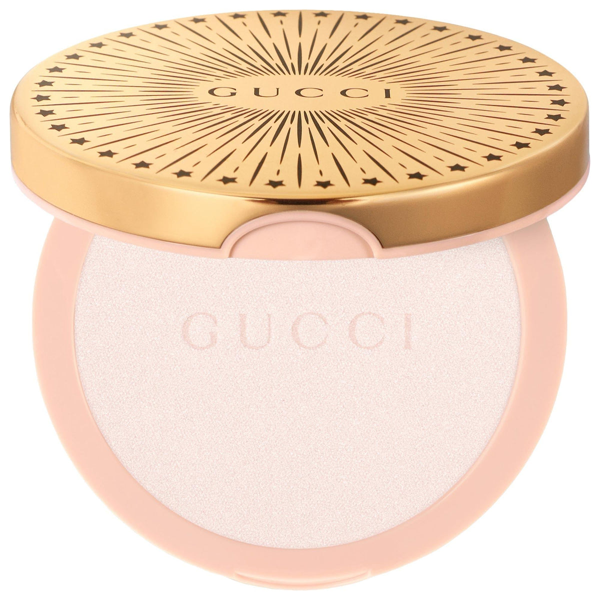 Gucci glow illuminating gel-powder highlighter compact, round gold lid with star logo