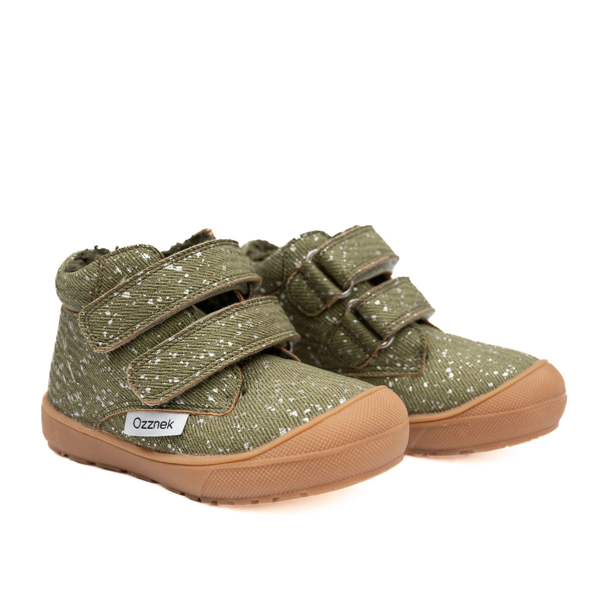 Toddler hiker boots, olive speckled fabric, sherpa lining, Velcro straps and Ozznek label