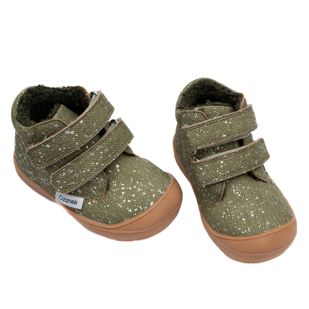 Toddler hiker boots with sherpa lining, olive speckled knit, Velcro double straps, tan sole