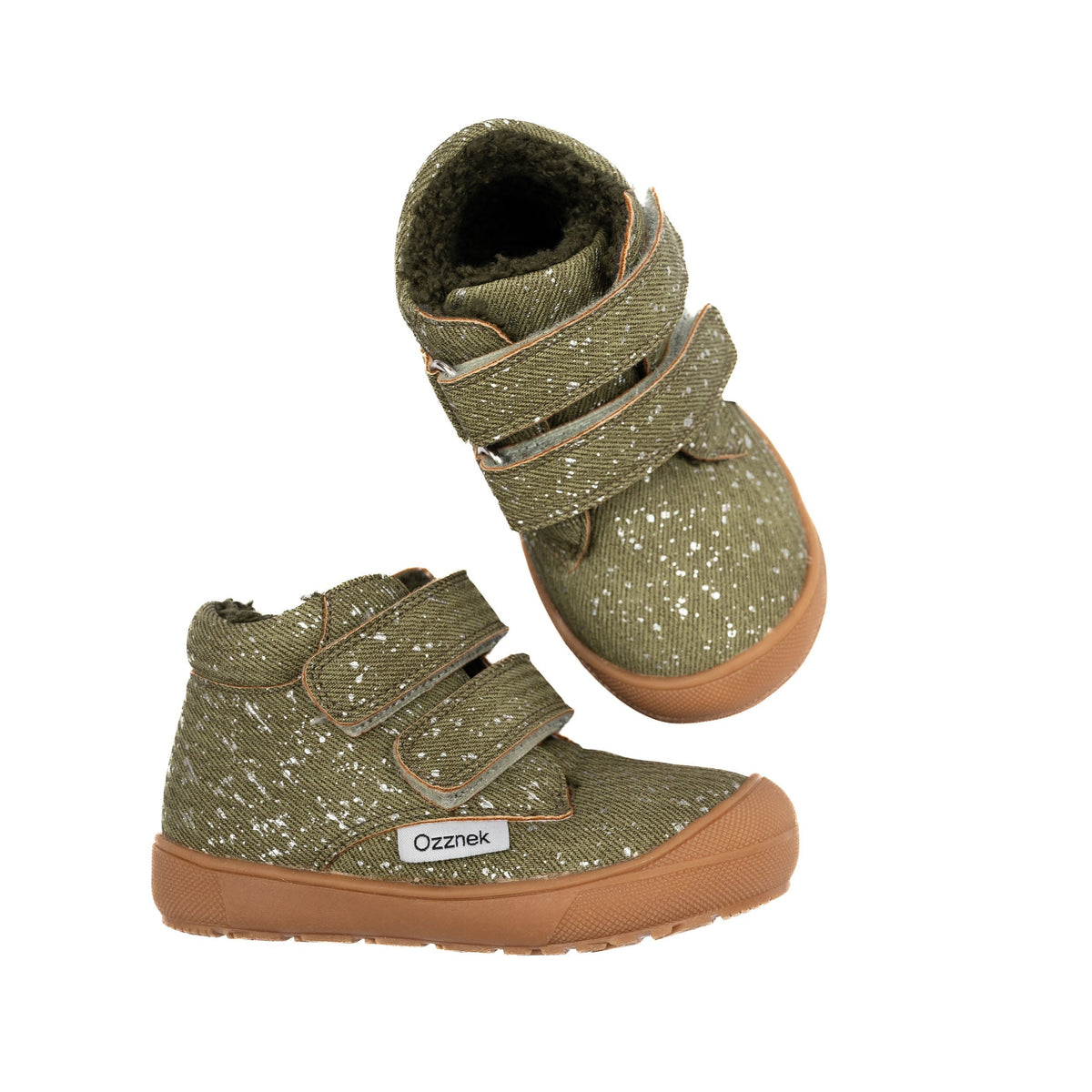 Sherpa-lined toddler hiker boots, olive speckled fabric, two Velcro straps, tan sole