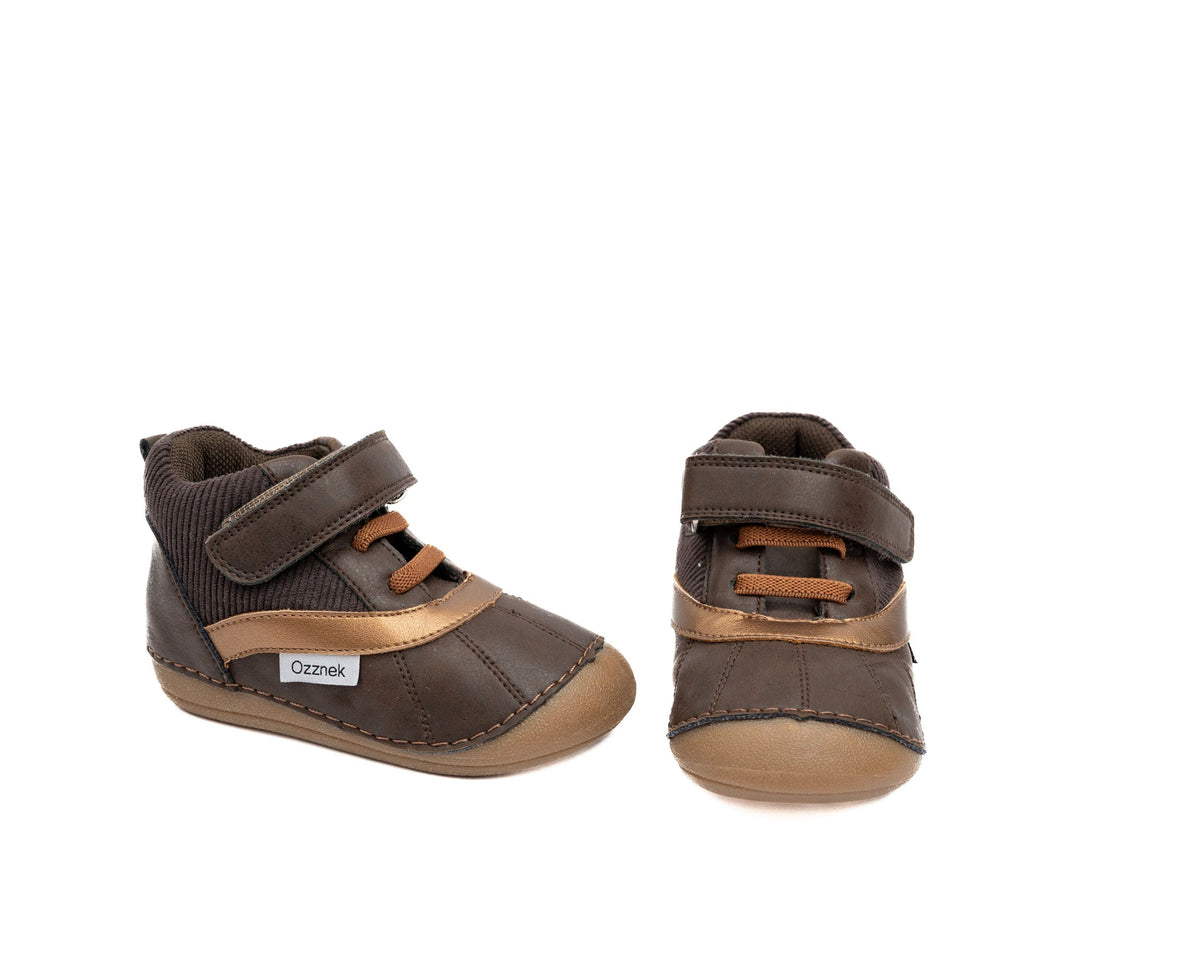 Kids barefoot boots, dark brown with tan stripe, hook-and-loop closure, side views