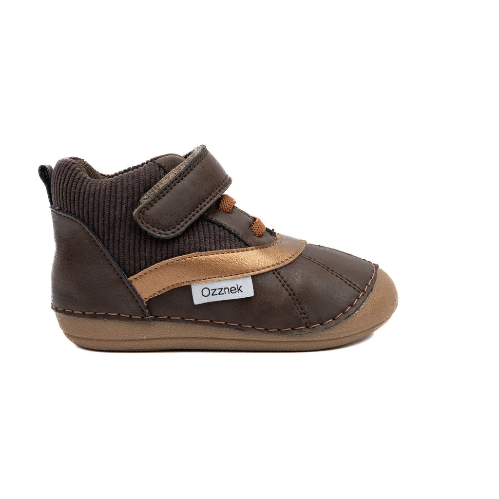 Kids barefoot boot, dark brown with tan mid-panel, hook-and-loop strap, tread sole