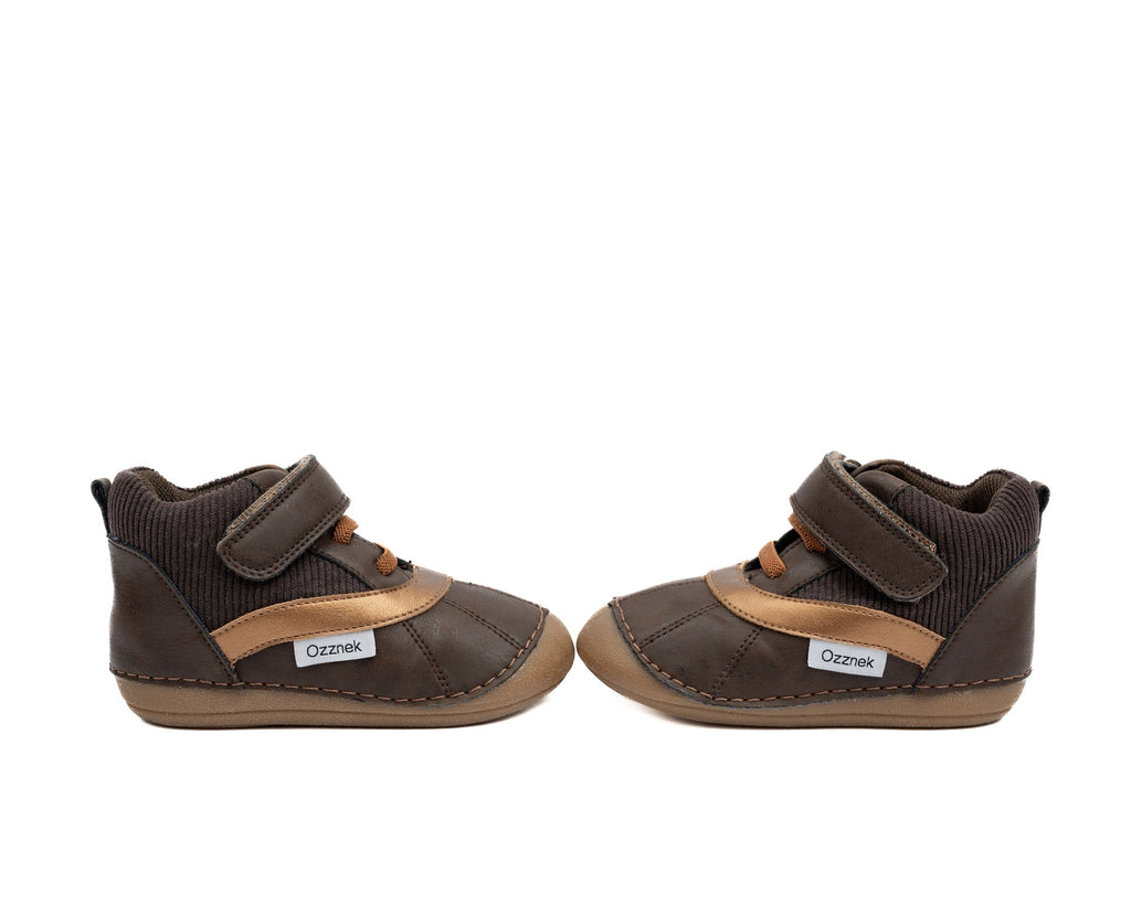 Kids barefoot boots, two shoes side-by-side, dark brown and tan hook-and-loop