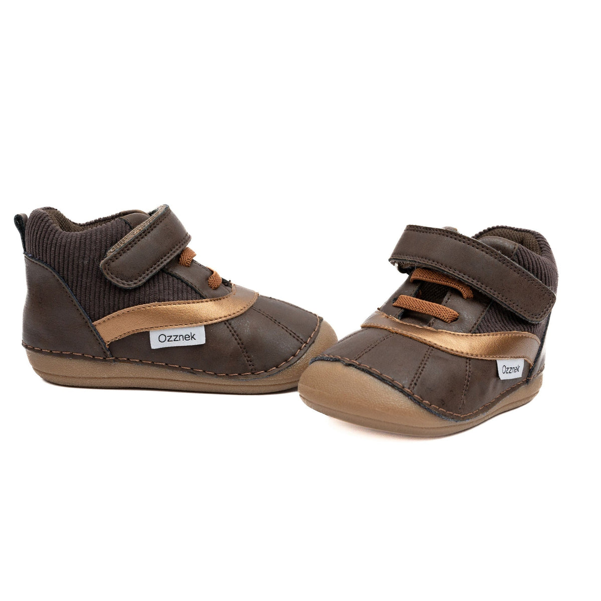 Kids barefoot boots, pair view, dark brown uppers with tan panels and hook-and-loop