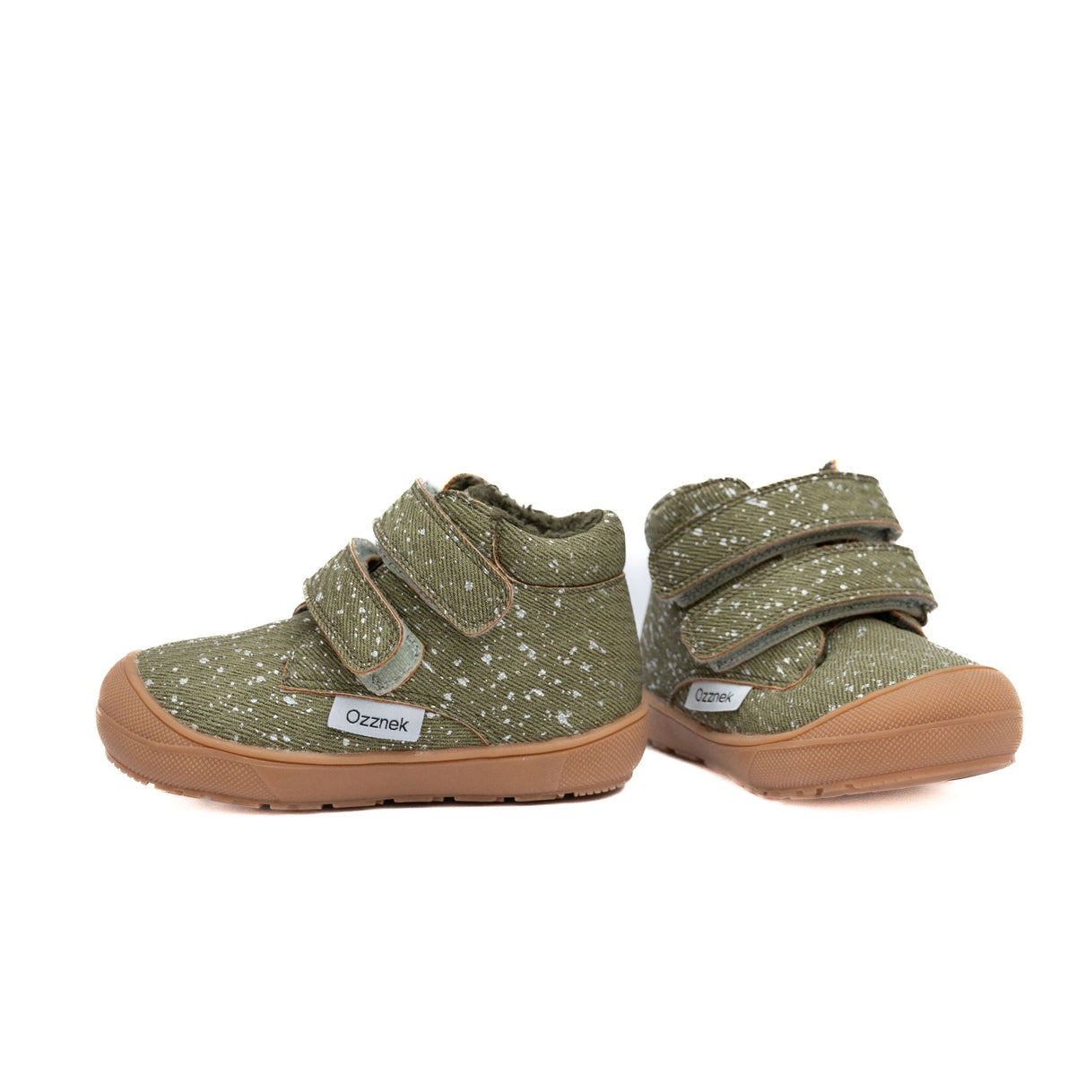Pair of toddler hiker boots, olive speckled uppers, sherpa lining, two Velcro straps