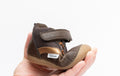 Kids barefoot boots, dark brown with tan stripe, hook-and-loop strap, soft lining