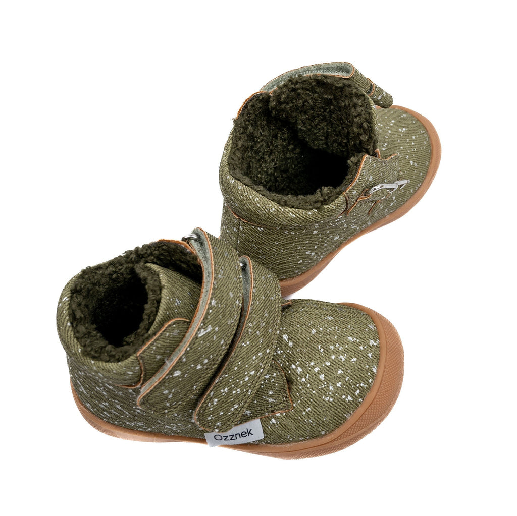 Toddler hiker boots with sherpa lining, olive speckled fabric, adjustable Velcro strap, tan sole
