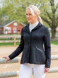 Black rain show coat with stand collar, button front, long sleeves, tailored fit
