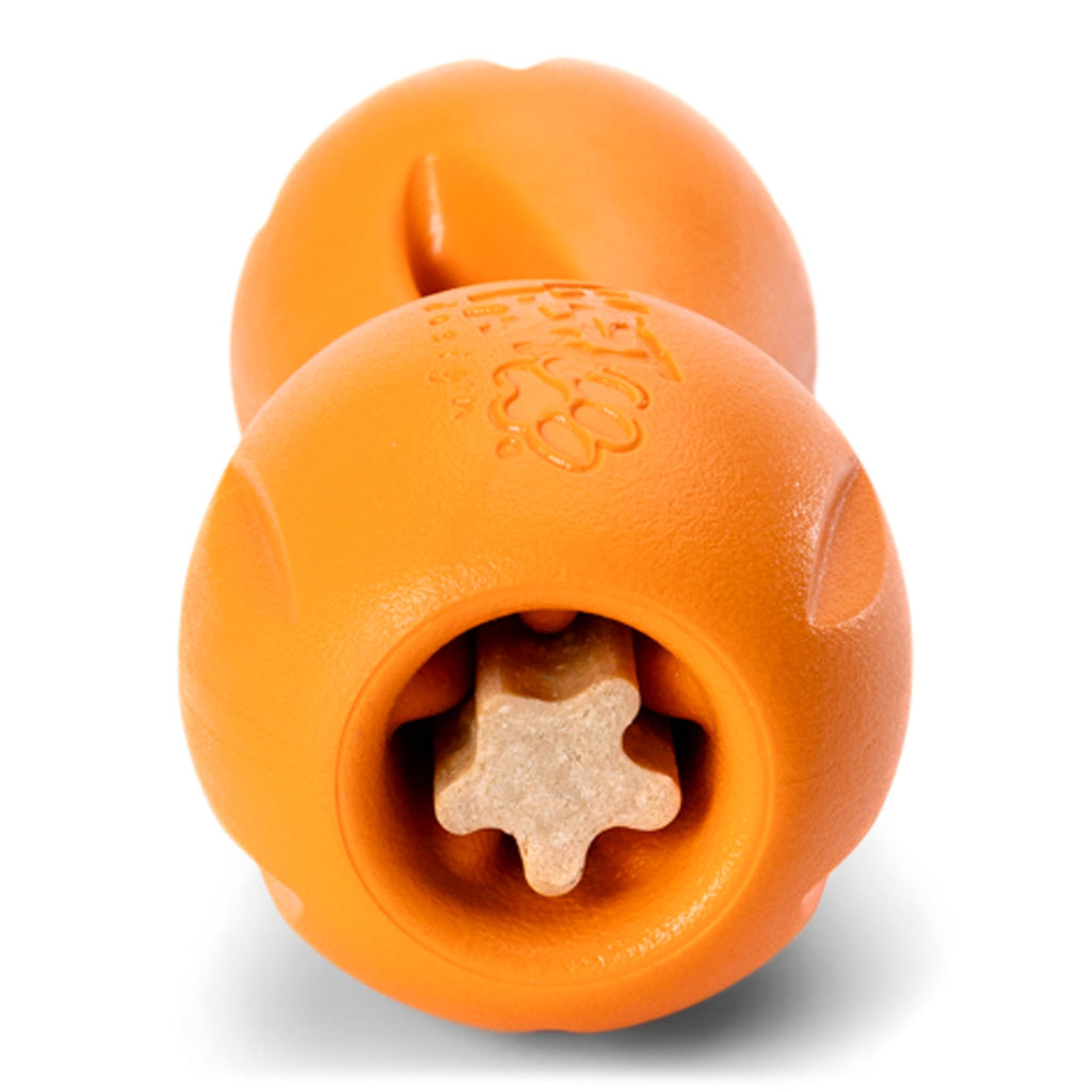 Orange chew toy close-up showing stick inside the treat opening