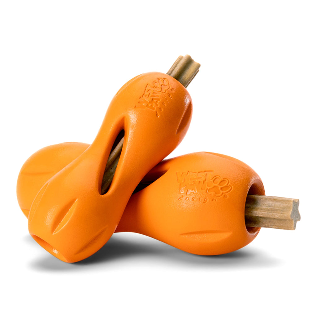 Orange chew toy with natural dental stick inserts for dogs