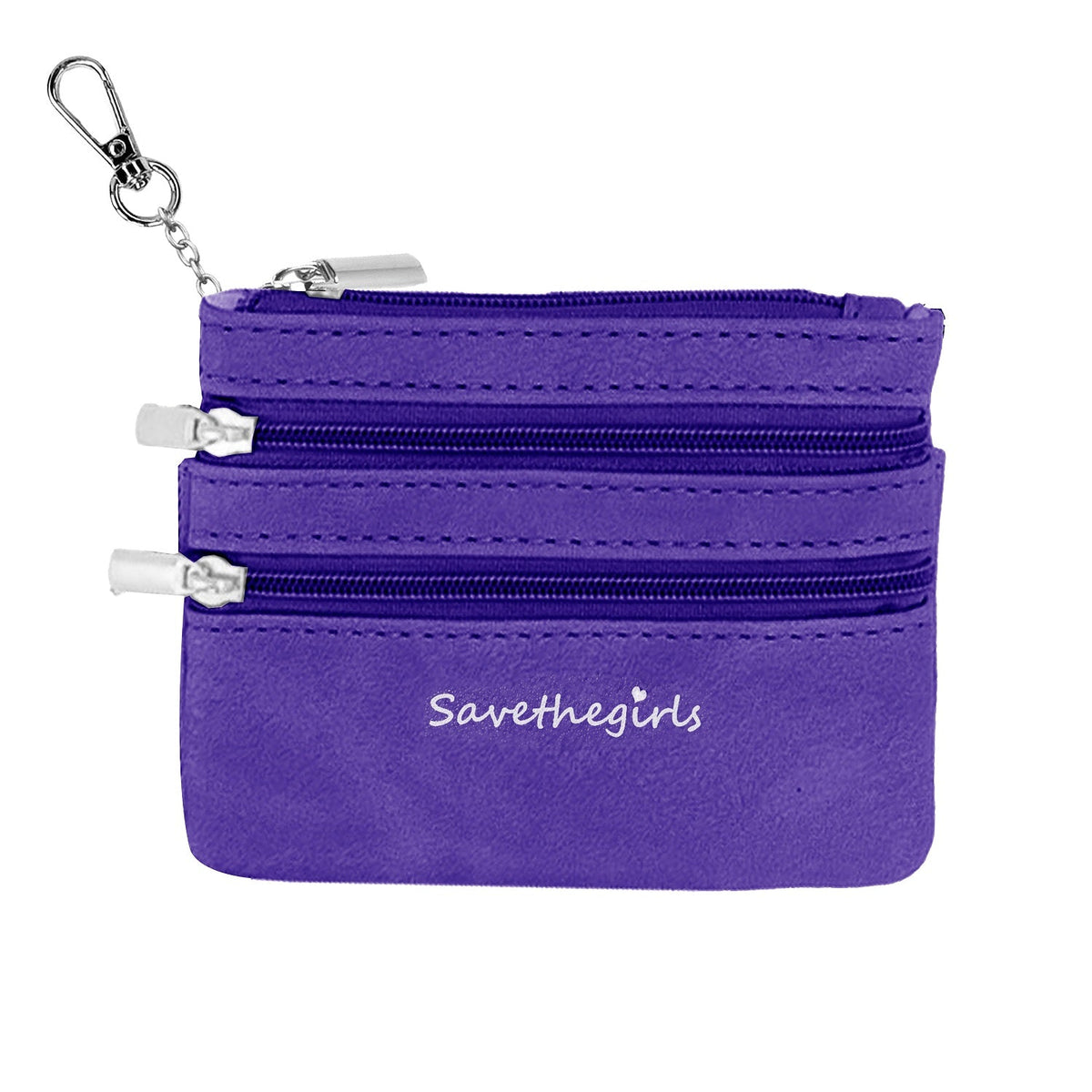 Purple zippered pouch with three zipper compartments and metal keychain ring