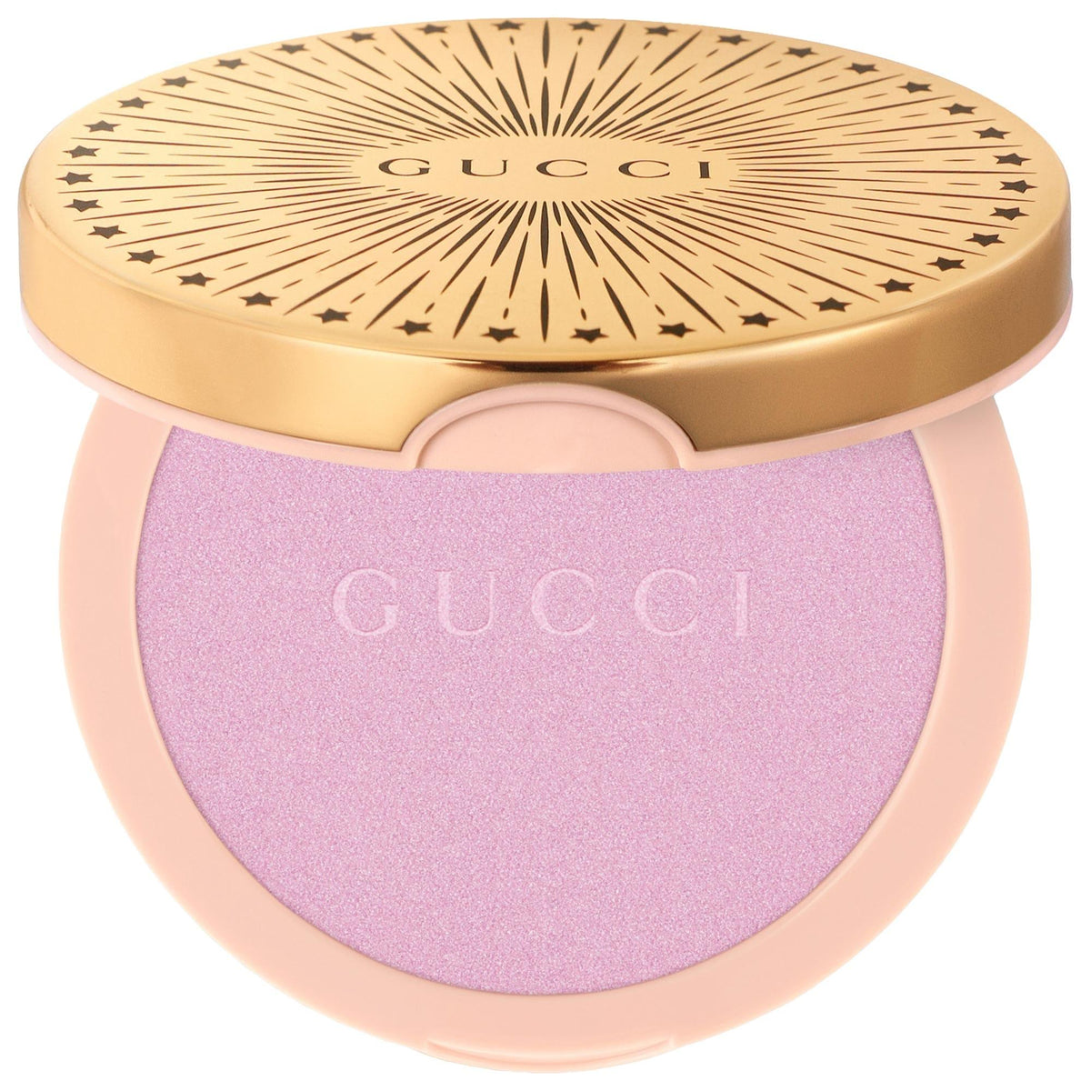 Gucci illuminating highlighter compact with purple glitter powder and gold lid
