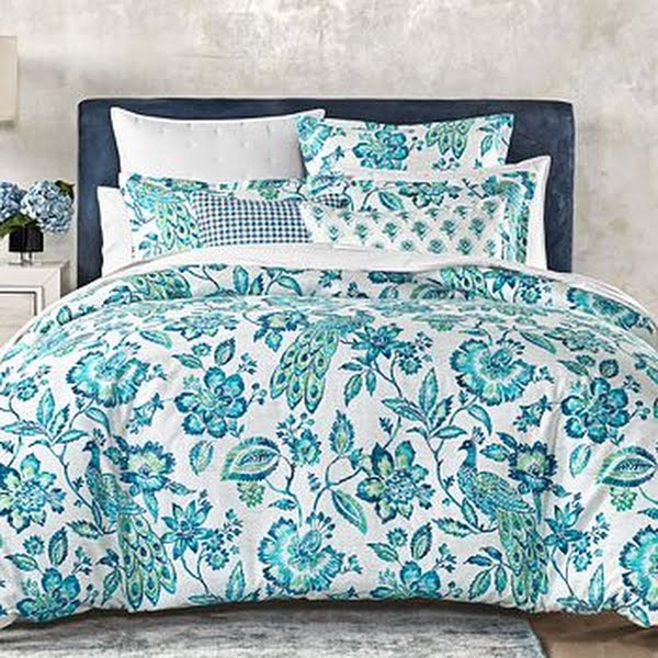 Cotton duvet cover set with two shams, white base with teal-blue floral bird print