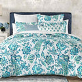Cotton duvet cover set with two shams, white base with teal-blue floral bird print