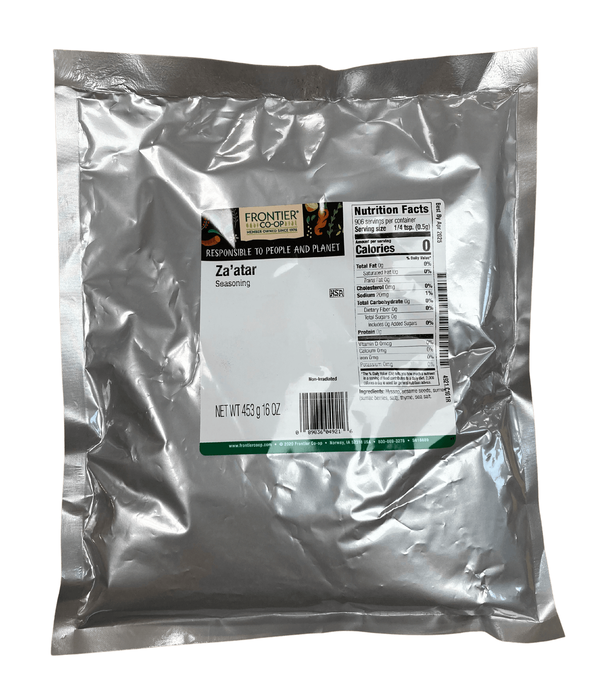 Za'atar seasoning blend packet, silver pouch with Nutrition Facts label