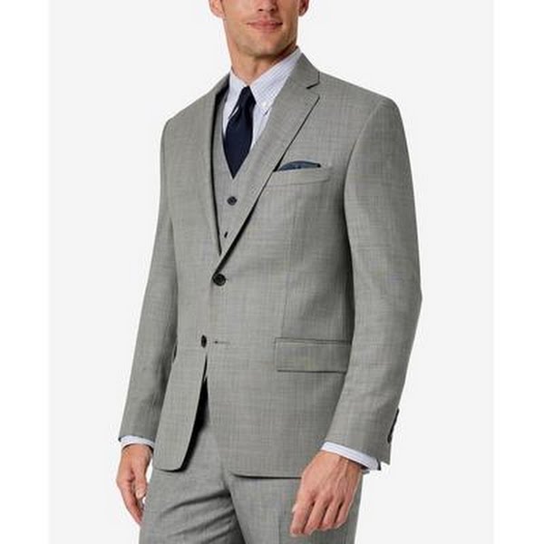 Men's grey wool stretch suit jacket with notch lapels and flap pockets