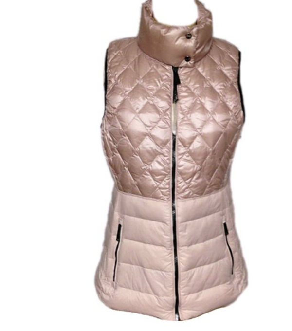 Calvin Klein women's blush pink quilted puffer vest with front zip and stand collar.