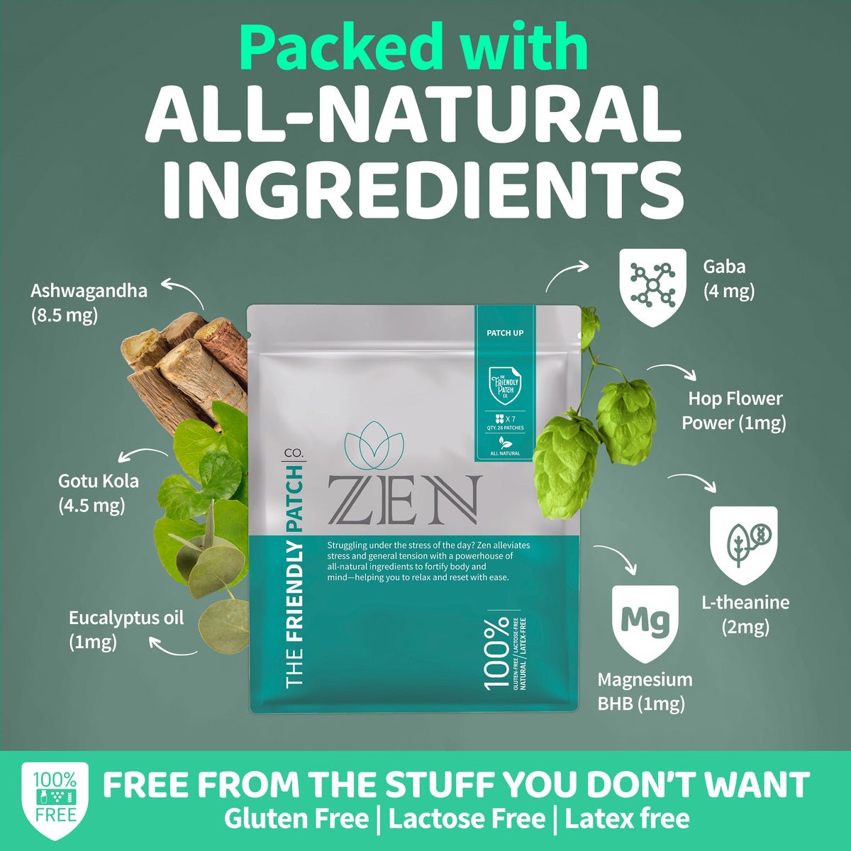 All-natural ingredients patch pack card featuring Zen patch variety