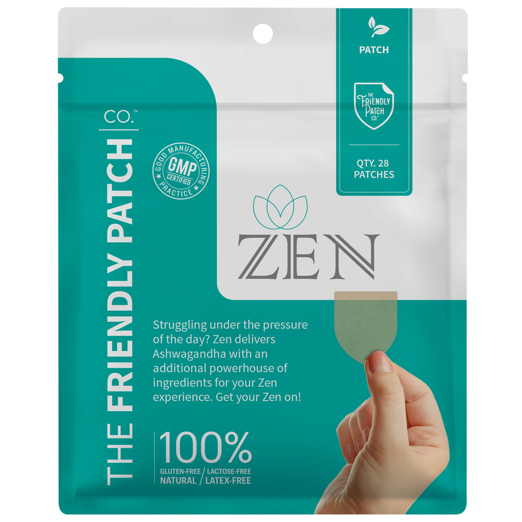 Relax & Let Go Zen stress patch pouch, teal/white with hand placing patch