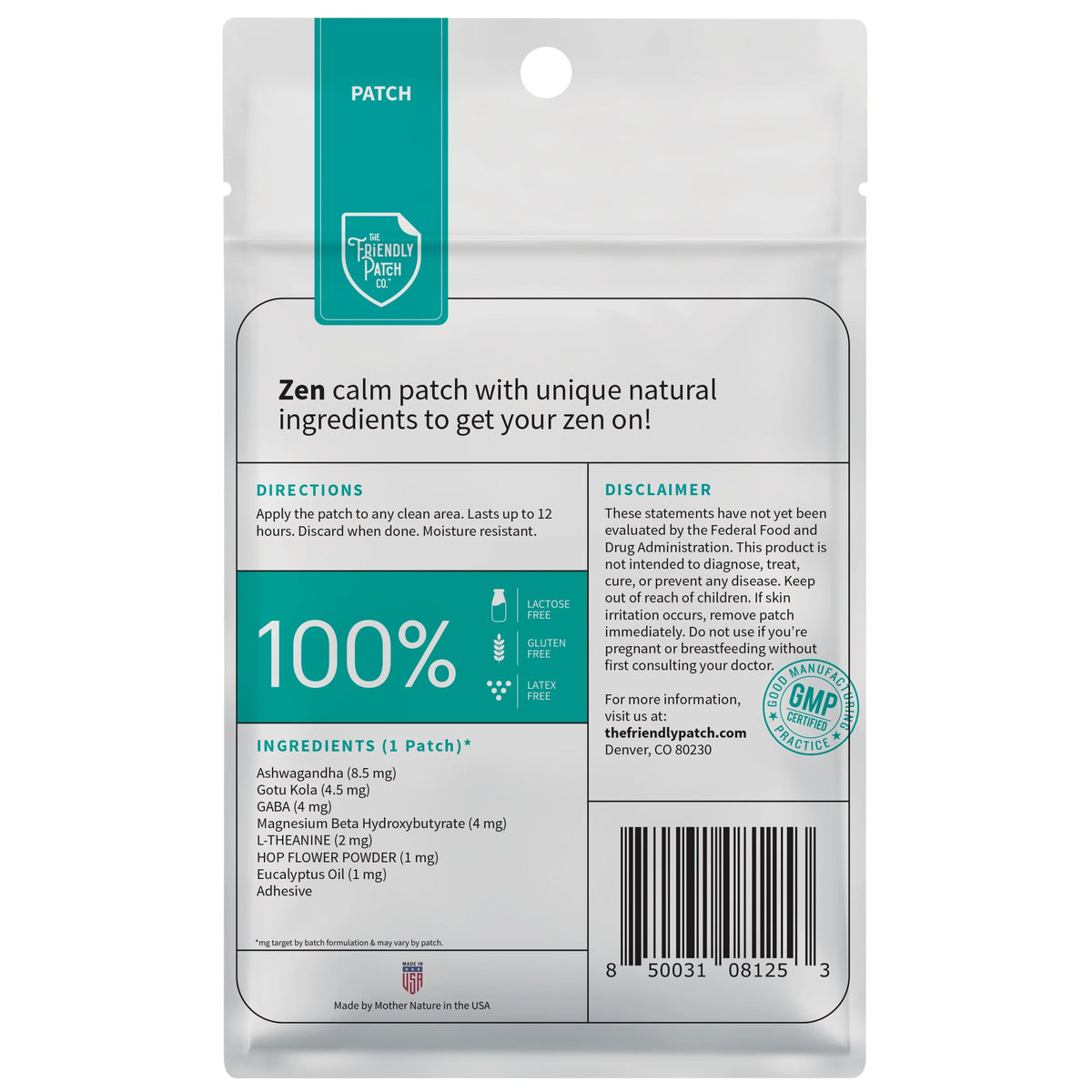 8-pack travel patch packet back side with directions and ingredient details