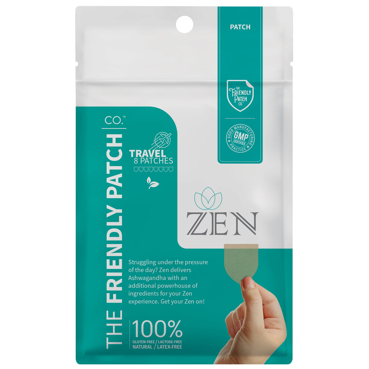Travel patch packet front, teal “The Friendly Patch” panel with “Zen” badge