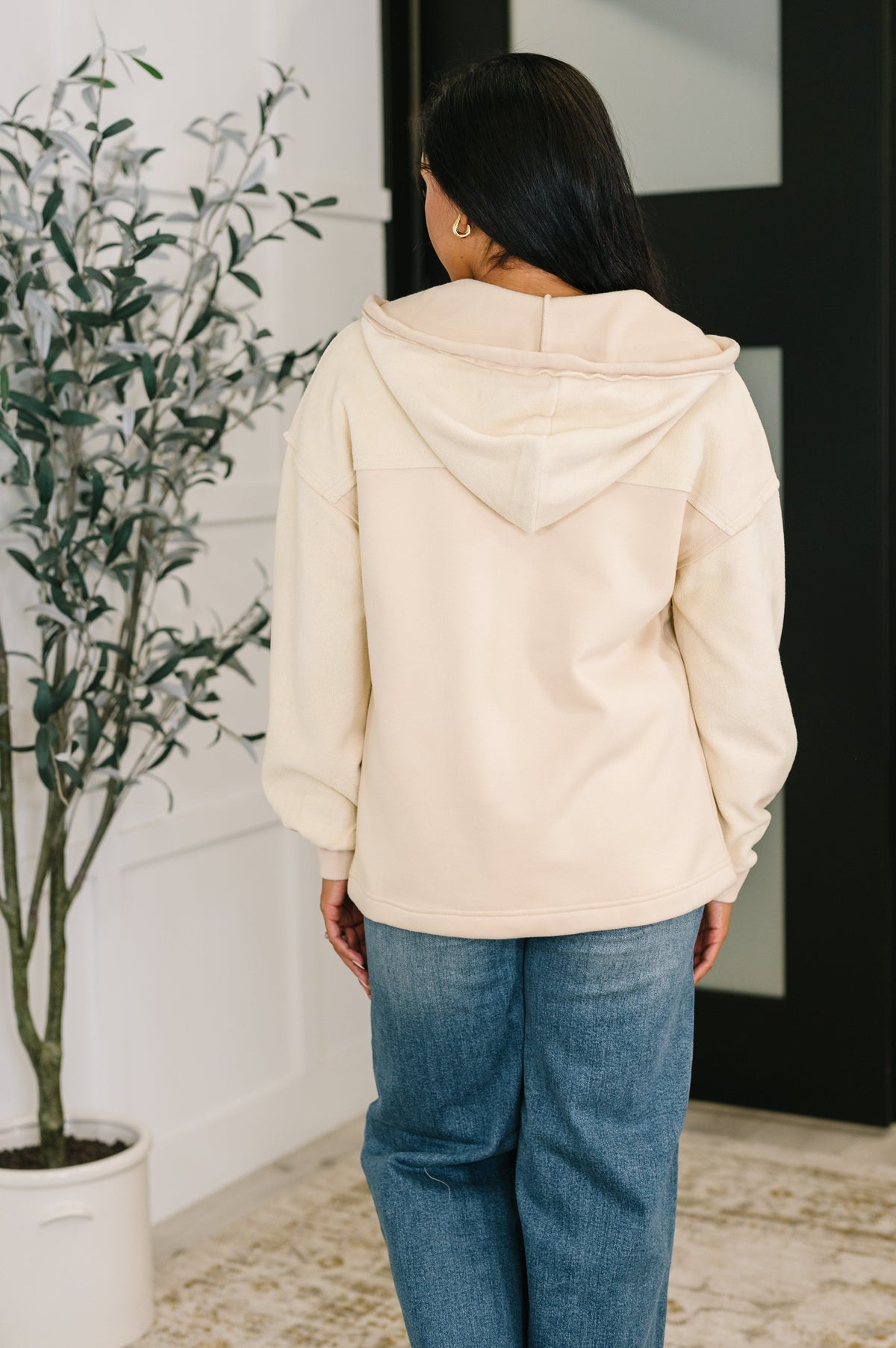 Off-white zip-up hoodie with hood, full back view