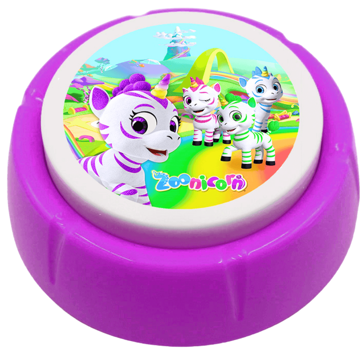 Close-up of purple toothbrush timer with Zoonicorn character artwork in center