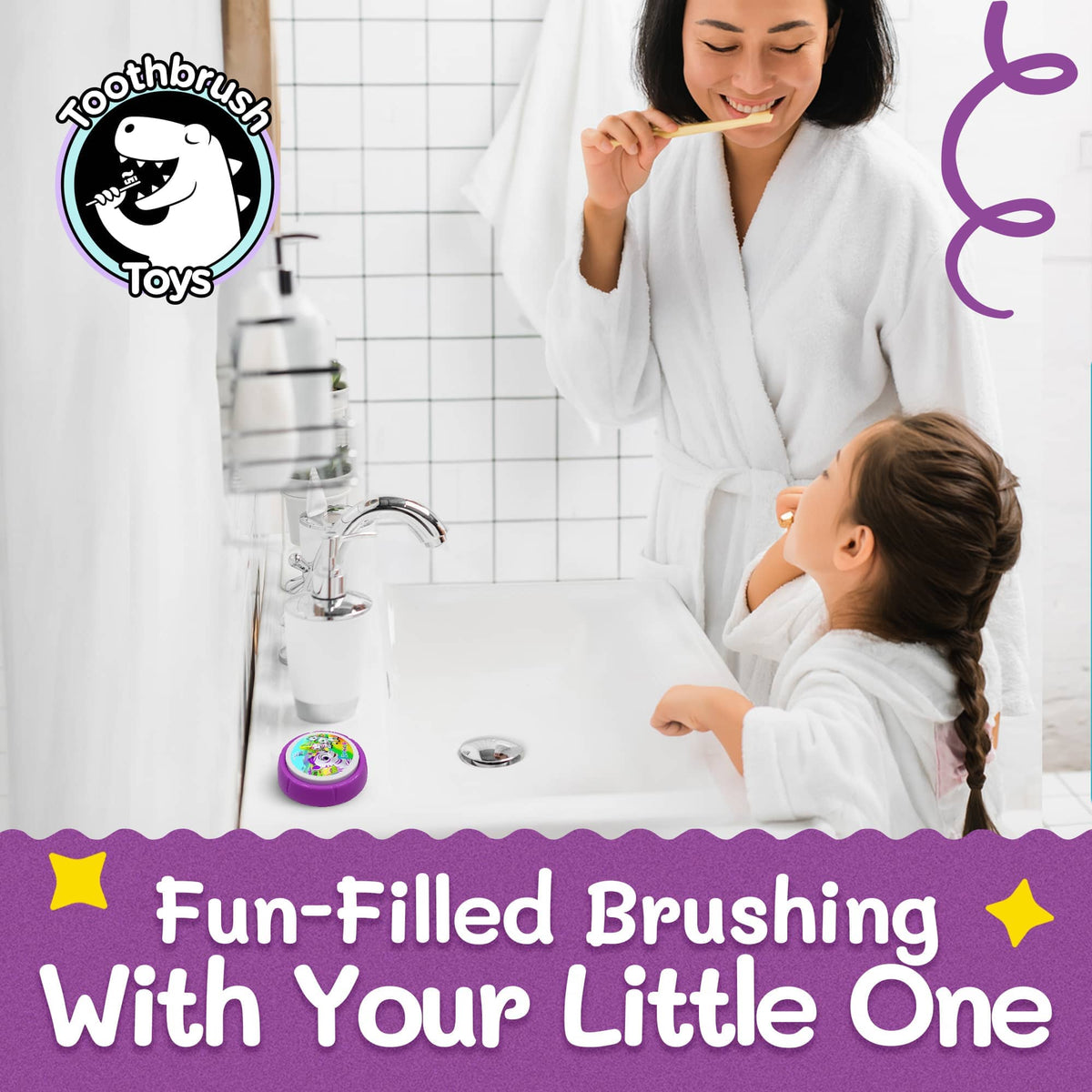 Purple toothbrush timer placed on bathroom sink during a child’s brushing