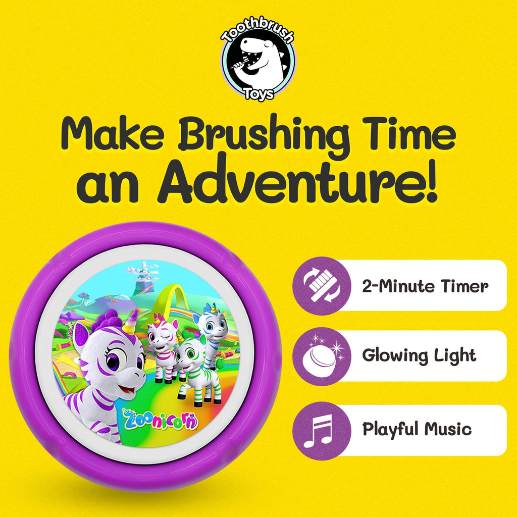 Purple toothbrush timer with feature icons for timer, light, and music